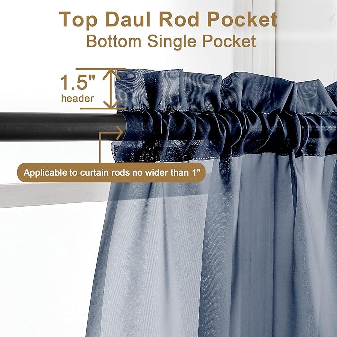 Chyhomenyc Sheer Navy Blue Curtains 90 inches Long 2 Panels, Light Filtering Soft Airy Solid Elegant Voile Window Treatment Drapes for Bedroom Living Room Wedding Party Decor, 42 Wx90 L Inches