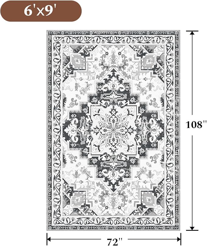 Rugflix 6x9 Area Rug for Living Room, Machine Washable Area Rugs with Non-Slip Backing, Large Soft Boho Vintage Rug for Bedroom, Dining Room, Low Pile Carpet, Kids Pet Friendly, Grey