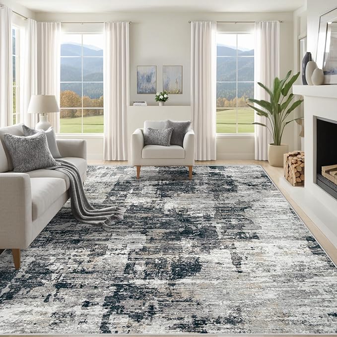 XLUEZ 8x10 Area Rugs for Living Room, Washable Modern Abstract Large Area Rug Neutral Soft Non Slip Kids Rug Stain Resistant Indoor Carpet for Bedroom Nursery Dining Room Playroom(BlackGrey, 8'x10')