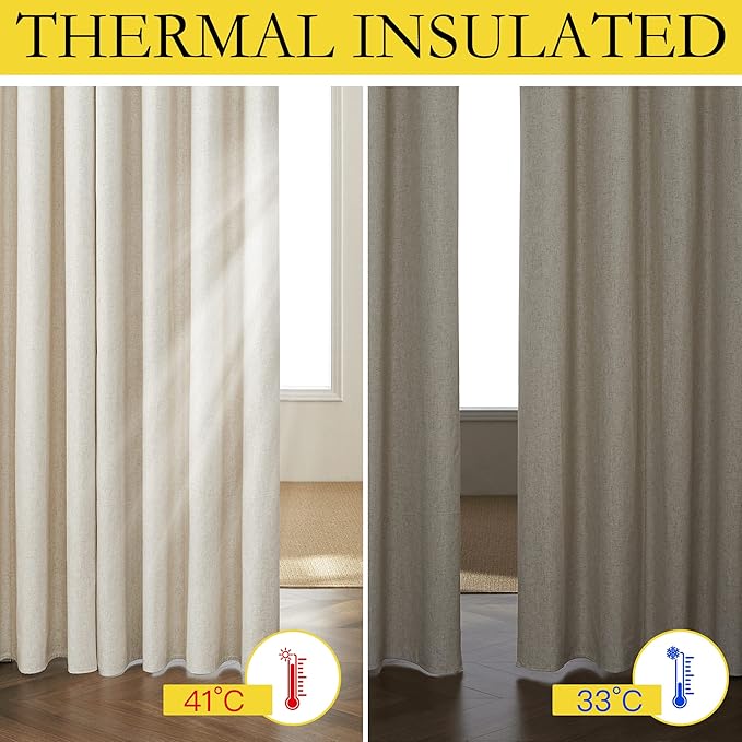 NICETOWN Farmhouse Style Keep Warm Large Window Draperies 108 inches Length with Thermal Insulated Liners, 2 Panels, 52" W, Full Blackout Natural Linen Curtains for Sliding Glass Door