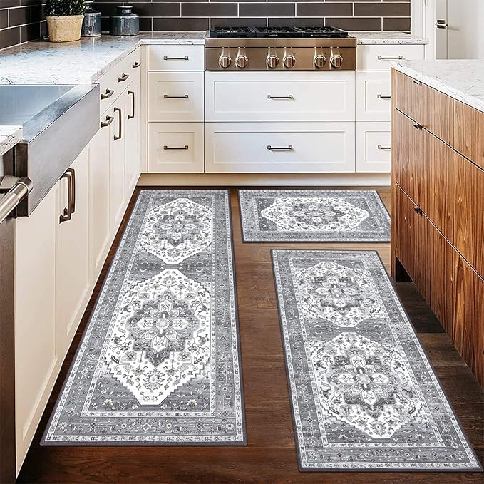 HEBE Boho Kitchen Rug Sets 3 Piece with Runner Non Slip Kitchen Rugs and Mats Washable Kitchen Mats for Floor Thick Kitchen Floor Mat Carpet Runner Rugs for Hallway Laundry Holiday Decor