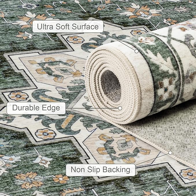 3x5 Area Rugs Living Room Rug: Washable Vintage Boho Medallion Rug No Slip Stain Resistant Soft Carpet Indoor Large Carpets for Bedroom Dining Room Farmhouse Nursery Hallway Home Office Green Ivory
