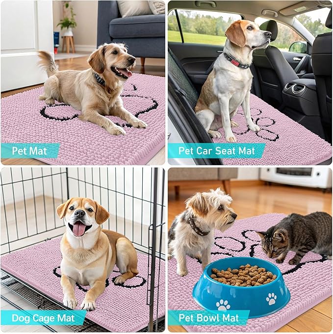 OLANLY Dog Door Mat for Muddy Paws 30x20, Paw Print Design, Absorbs Moisture and Dirt, Non-Slip Washable Doormat, Quick Dry Chenille Mud Mat for Dogs, Entry Indoor Entryway Carpet, Dusty Rose