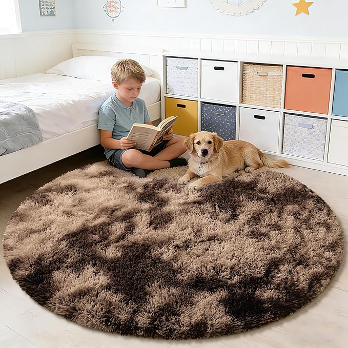 Fluffy Round Rug,Soft Area Rugs for Girls Room,Shaggy Rugs 5'X5' for Living Room,Non Slip Circle Rug for Kids Bedroom,Shag Plush Nursery Carpets,Fuzzy Rug for Dorm,Room Decor Carpet,Tie-Dyed Coffee