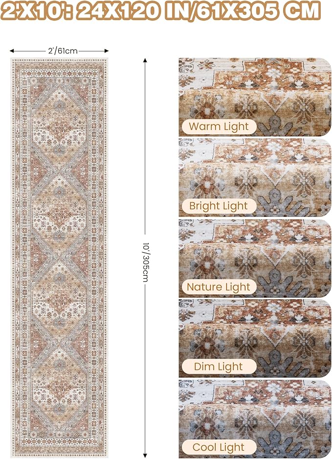 Runner Rug 2x10, Ultra-Thin Kitchen Rugs Non Slip Washable Rugs for Entryway Rug, Kitchen Runner Low Pile Vintage Soft Carpets for Living Room, Bathroom Bedroom (Orange,2'x10')