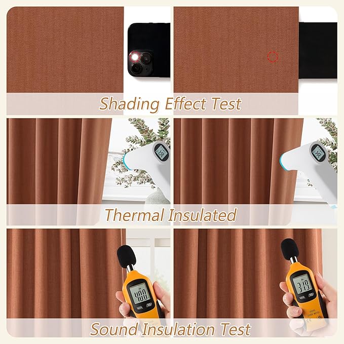 Guken Terracotta 100% Blackout Curtains 96 Inch Length 2 Panels Set Fall Curtains for Living Room Bedroom Back Tab Thermal Insulated Black Out Linen Drapes, 52x96