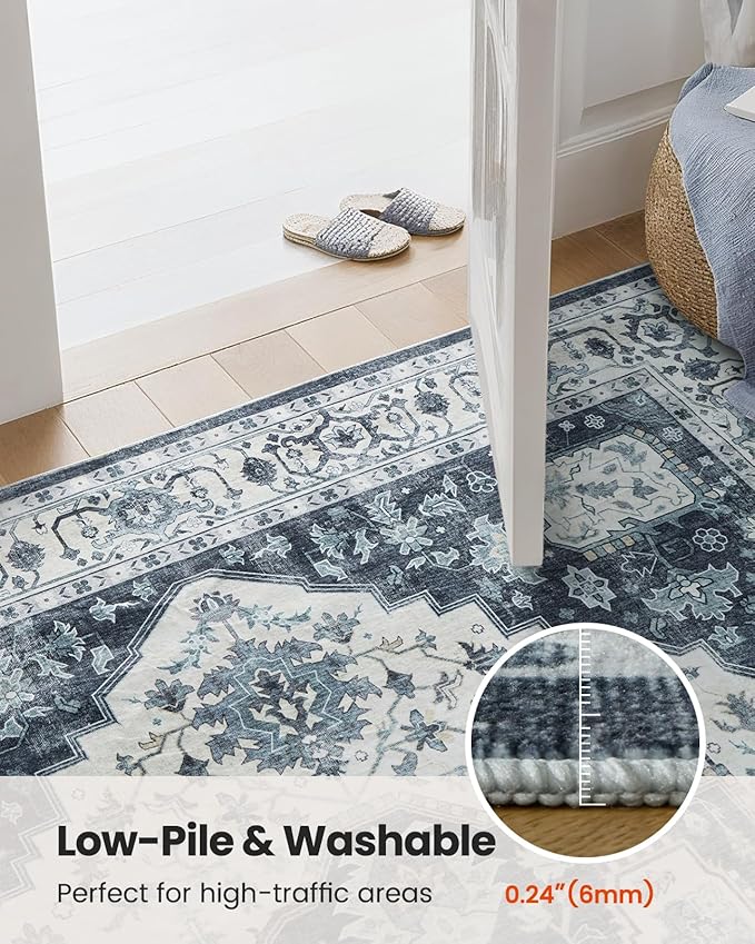 AMADA HOMEFURNISHING 8x10 Area Rug, Washable Low-Profile Large Area Rug with Non-Slip Backing & Durable Edge Binding, Vintage Large Rugs for Living Room, Bedroom