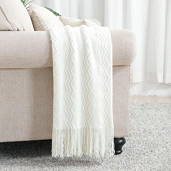 BOURINA Off White Throw Blanket 50 x90 Inches Throw Textured Solid Soft Sofa Throw Bed Runner Couch Cover Knitted Decorative Blanket Bed Runner