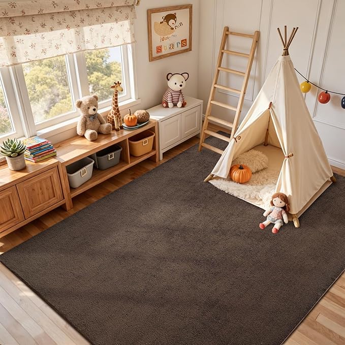 FinRèc 5x7 Washable Area Rugs for Bedroom Living Room, Low Pile Thin Rug Solid Color, Non-Slip Carpet Indoor for Home Decor (Pure Brown)