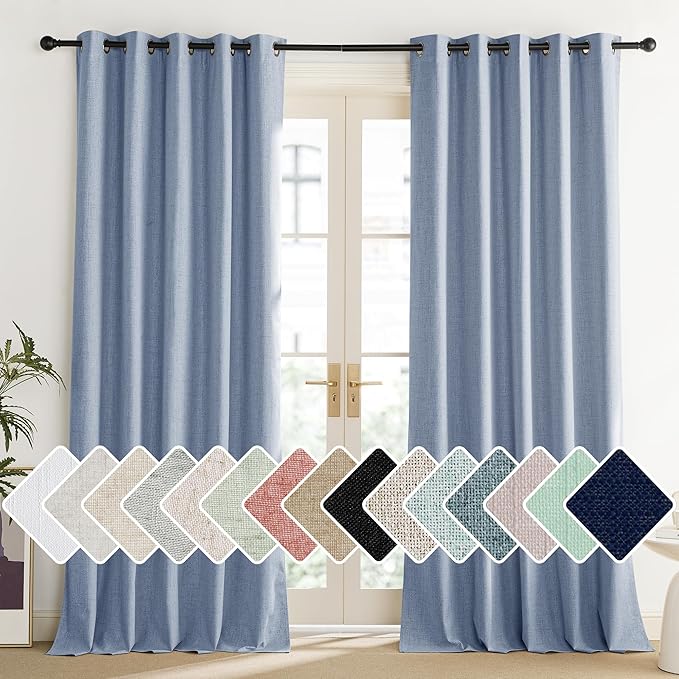 NICETOWN Stone Blue Vintage Linen 100% Blackout Curtains for Living Room, Thermal Insulated Curtains 102“ Long, Noise Reducing Window Treatment Drapes for Home Office, 62" Wide Per Panel, Set of 2