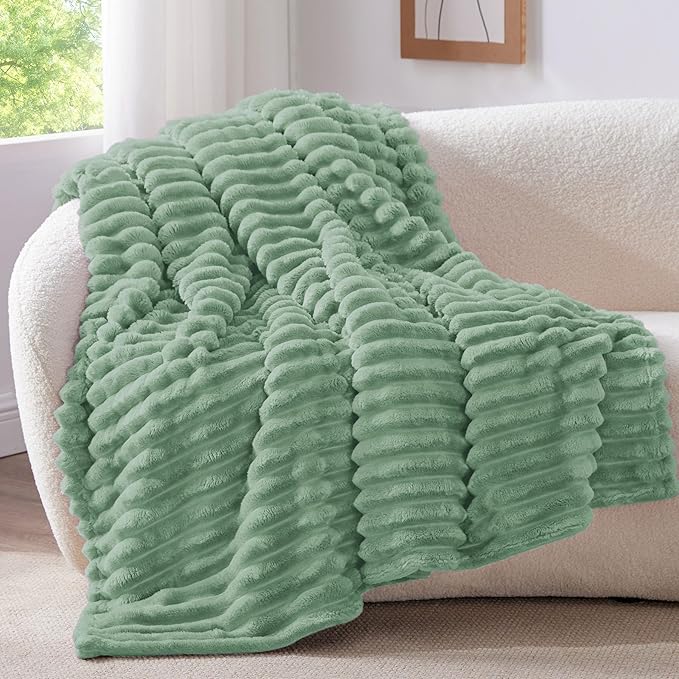 BEDELITE Fleece Throw Blanket for Couch - 300GSM Soft & Warm Fluffy Green Blanket, Decorative and Giftable Striped Blankets for Women, Men, 50"x70"