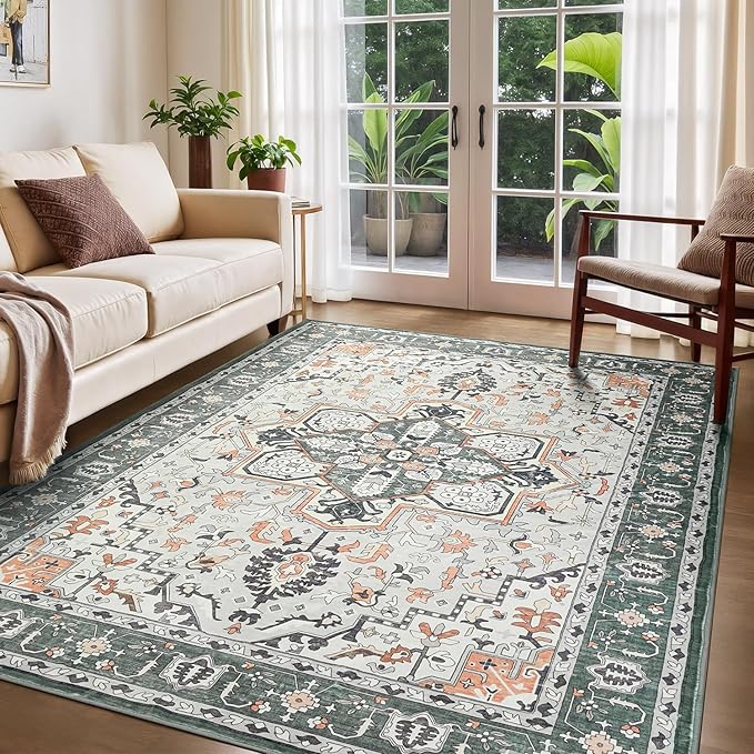 Rugflix 8x10 Area Rugs for Living Room, Washable Rug, Soft Low Pile Carpet, Non-Slip, Stain Resistant, Vintage Area Rug, Sage Green Rug for Bedroom, Dining Room, Home Office