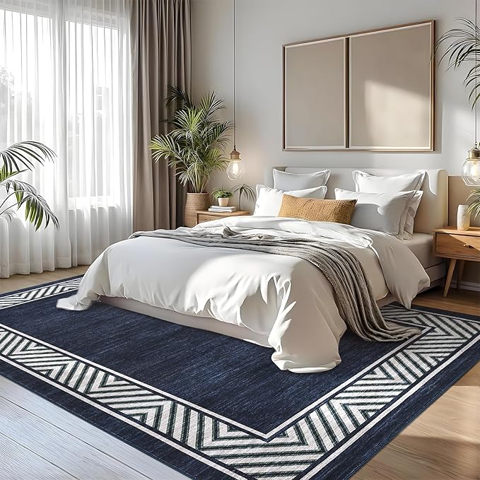 GarveeHome Bordered Bedroom Rugs 5x7 Ultra-Soft Indoor Carpet, Non-Slip Modern Geometric Living Room Rug, Stain-Resistant Neutral Accent Floor Cover for Dining Room, Nursery, Office, Navy Blue