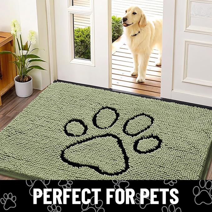 Smiry Dog Door Mat for Muddy Paws, Absorbent Dirt Trapper Non Slip Quick Dry Washable Chenille Mat for Mud Dogs, Entry Rug for Indoor and Outdoor (48x30 Inches, Sage Green and Black)