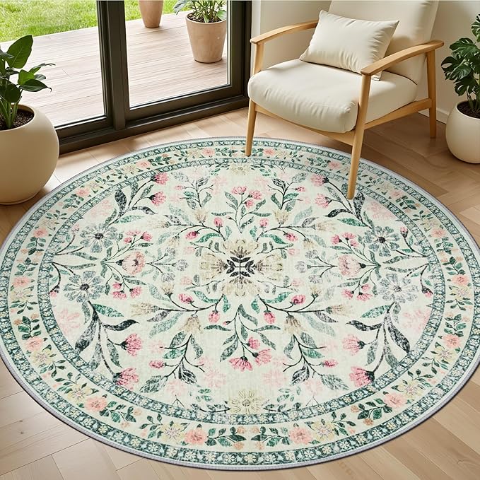 Round Area Rug for Living Room: 4 ft Floral Washable Circle Rug Soft Non-Slip Carpet Indoor Stain Resistant Low Pile Small Circular Rug for Bedroom Entryway Kitchen Nursery Home Office Green Beige