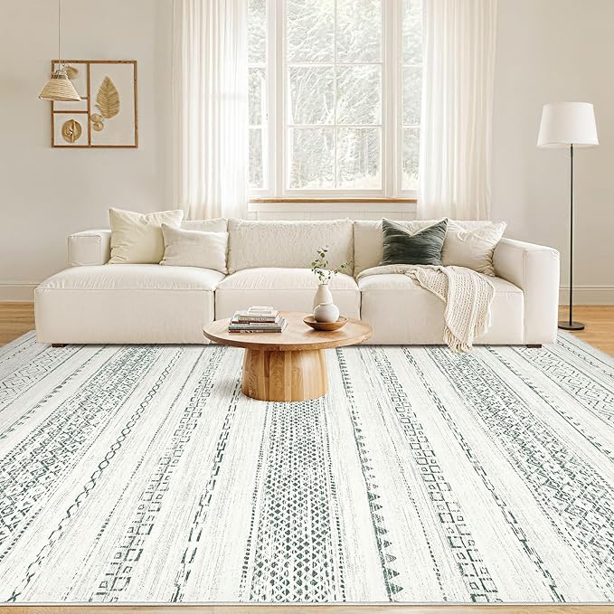 Nakagishi Green Rug Living Room Rugs: 8x10 Washable Boho Large Neutral Soft Farmhouse Stain Resistant Modern Non Slip Indoor Floor Carpet for Bedroom Nursery Kids Playroom Office Dining Room Home