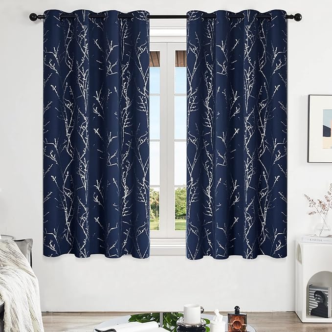 Deconovo Blackout Curtains, Navy Blue Curtain, Thermal Insulated Soundproof Drapes, Branch Silver Print, 52 x 63 Inch Long, Machine Washable Grommet Panels for Bedroom Living Room Office, Set of 2