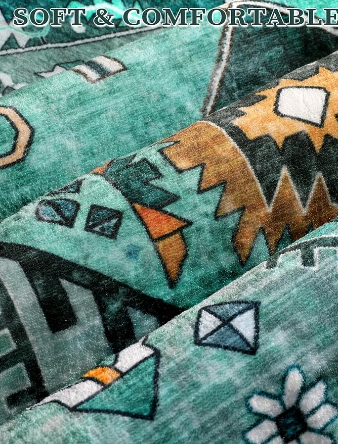 SERISSA Boho Washable Runner Rug, 2x6 Rug Runner Non-Slip Vintage Teal Hallway Kitchen Runner Rug Ultra Soft Print Distressed Tribal Floor Carpet Runner for Bedroom Bathroom Laundry Living Room