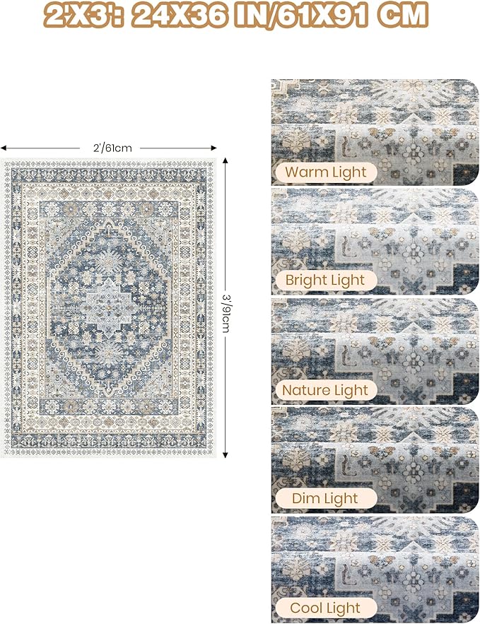 Entryway Rug - 2x3 Washable Rug Runner for Bathroom, Laundry Room, Kitchen, Soft Vintage Hallway Runner for Bedroom, Non-Slip Door Mat Indoor Entrance(Blue/Beige,2'x3')