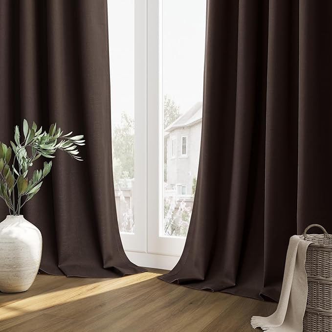 Guken Brown 100% Blackout Curtains 63 Inch Length 2 Panels Set for Living Room Bedroom Back Tab Thermal Insulated Black Out Linen Drapes Room Darkening Window Curtains 52 Inches Width