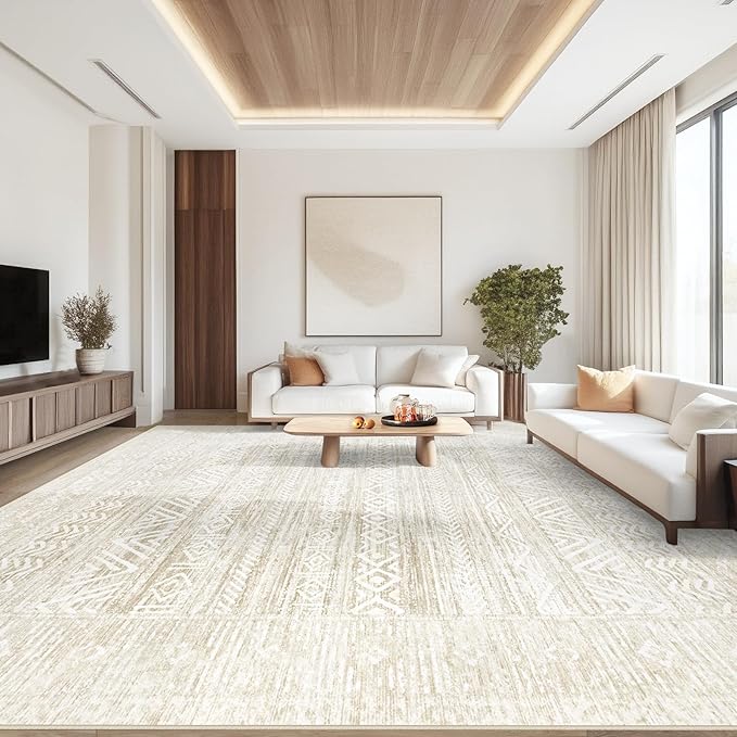 Living Room Rugs 9x12: Washable Moroccan Geometric Boho Rug Farmhouse Non Slip Stain Resistant Large Rug Low Pile Soft Carpet for Bedroom Dining Room Kids Room (Ivory Beige,9'x12')