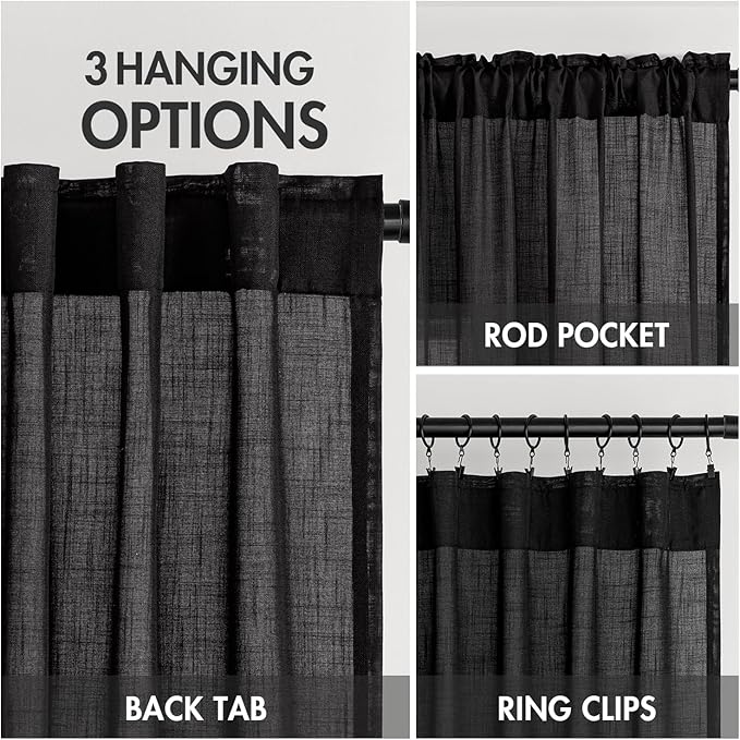 MIULEE Black Linen Curtains 84 Inch Length 2 Panels for Bedroom Living Room, Soft Thick Linen Textured Back Tab Window Drapes Semi Sheer Light Filtering Rod Pocket Modern Farmhouse Halloween Decor