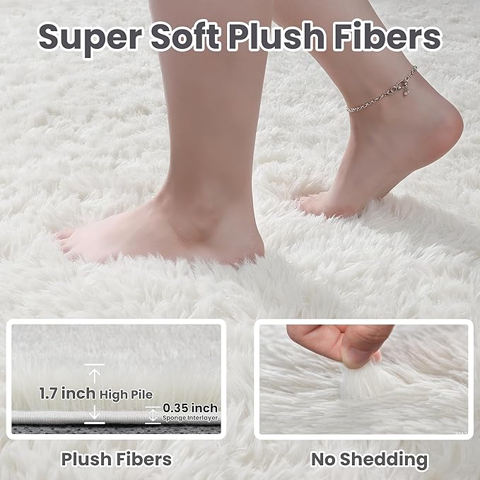 2x6 Bedside Area Rugs for Bedroom: Soft Fluffy Shag White Rug for Hallway, Non-Slip Fuzzy Plush Living Room Rug Indoor Floor Carpet for Kids Rooms, Dorm, Nursery, Modern Home Aesthetic Decor