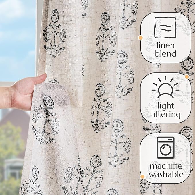 jinchan Linen Floral Curtains for Living Room 63 Inch Length Black Flower Cottage Core Farmhouse Curtains Rod Pocket Back Tab Boho Semi Sheer Window Drapes Bedroom Set 2 Panels Black on Beige