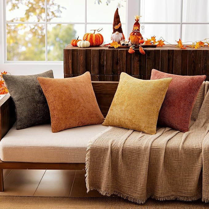 MIULEE Pack of 4 Orange/Yellow Couch Throw Pillow Covers 20x20 Inch Halloween Soft Decorative Chenille Pillows Farmhouse Accent Cushions for Boho Home Decor Spring Sofa Bedroom Living Room