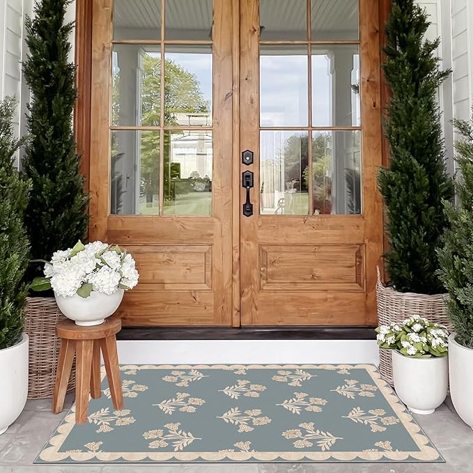 Floral Outdoor Rug - 28" x 43" Front Door Mat Indoor Outside Entrance Non-Slip Washable Outdoor Mat Blue Farmhouse Scalloped Rug for Entryway Kitchen Bedroom Layered Doormat for Front Porch