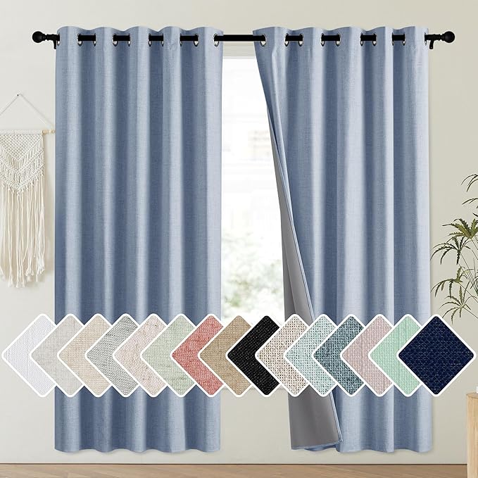 NICETOWN Stone Blue Vintage Linen 100% Blackout Curtains for Playroom, Thermal Insulated Curtains 72" Long, Noise Reducing Window Treatment Drapes for Laundry Room, 62" Wide Per Panel, Set of 2