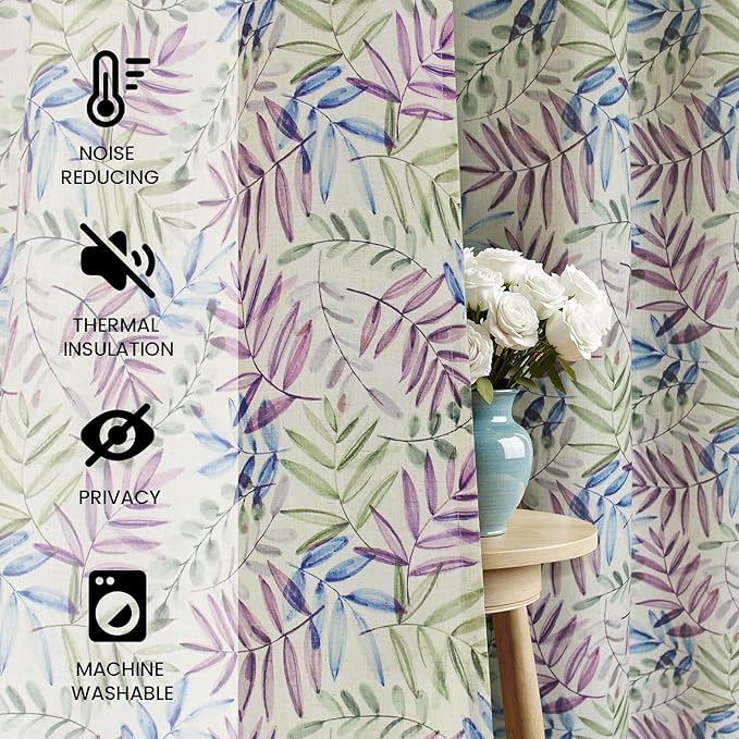 Yakamok Farmhouse Linen Curtains for Living Room 84 Inches Long,Texture Curtains Blue and Purple Grommet Leaves Plant Pattern Bedroom Curtain 2 Panels