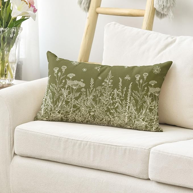 AVOIN colorlife Wildflowers Spring Moss Green Throw Pillow Cover, 12 x 20 Inch Floral Cushion Case Decoration for Home Sofa Couch