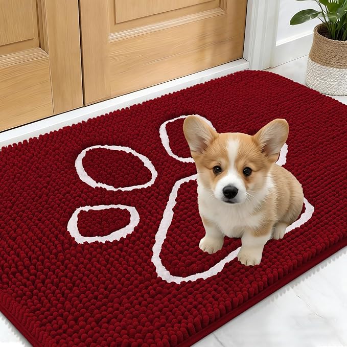 OLANLY Dog Door Mat for Muddy Paws 24x16, Paw Print Design, Absorbs Moisture and Dirt, Absorbent Non-Slip Washable Doormat, Quick Dry Chenille Mud Mat for Dogs, Entry Indoor Entryway Carpet, Red
