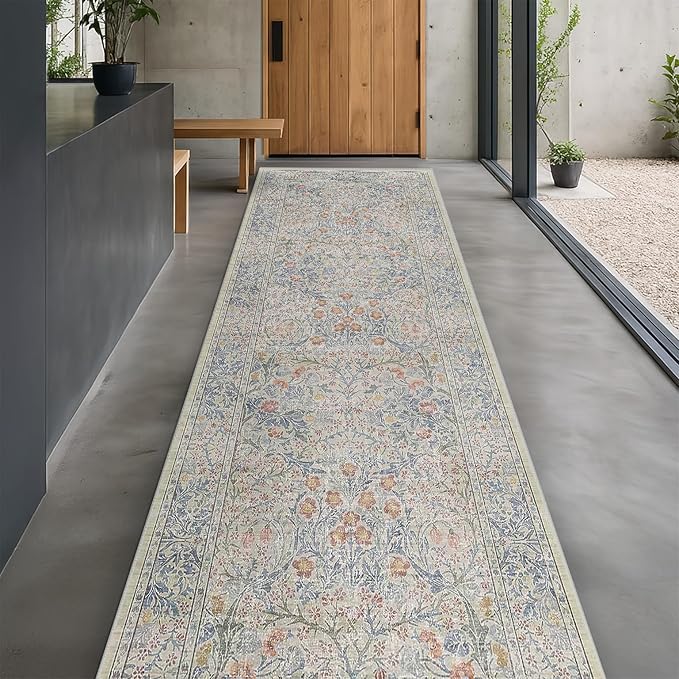 Vintage Beige Blue 3x12 Runner Rug for Hallway, Kitchen, Bathroom, Entryway Indoor, Washable Non Slip Rubber Backing Stain Resistant - Botanical Home Decor