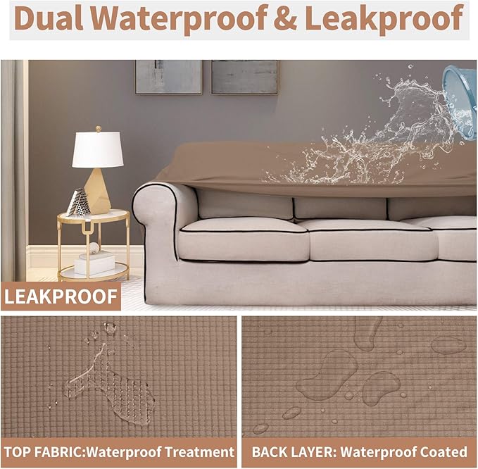 Easy-Going 100% Waterproof Couch Cover, Dual Waterproof Sofa Cover, Stretch Jacquard Sofa Slipcover, Leakproof Furniture Protector for Kids, Pets, Dog and Cat (Sofa, Camel)