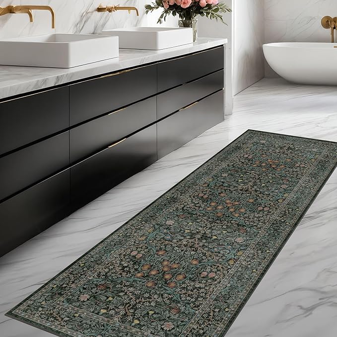Dark Green 2x7 Long Washable Runner Rug Non Slip, Throw Rugs Runners for Kitchen Hallways Entryway Bathroom Laundry Room, Floor Mat Vintage Floral Carpet Low Pile Stain Resistant