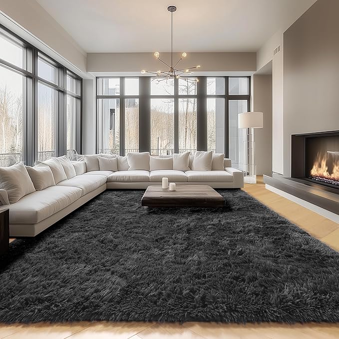 ONASAR Black Area Rugs 9x12 Living Room, Large Fluffy Shag Bedroom Rug, Soft Plush Thick Shaggy Big Floor Carpet for Kids Boy and Girls Teen Dorm Nursery Indoor Home Decor Aesthetic