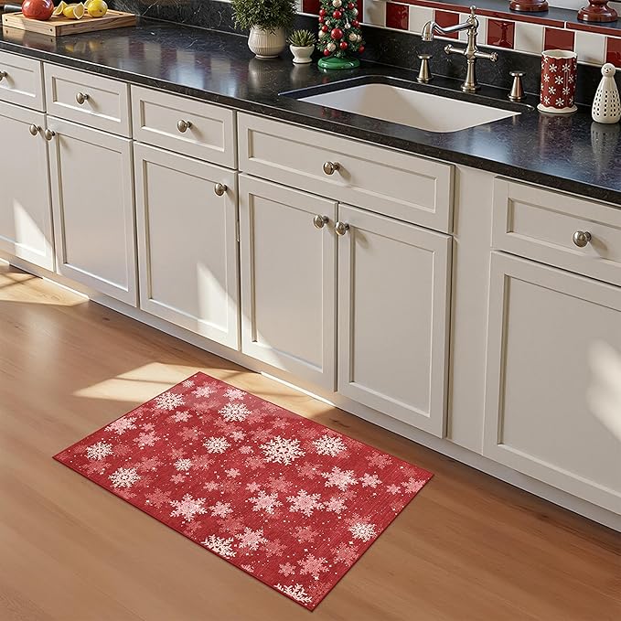 2x3 Christmas Doormat for Entryway, Washable Christmas Rugs Bathroom，Snowflake Front Porch Runner Rug，Non-Slip Red and White Christmas Decor Indoor(2'x3', Red/White)