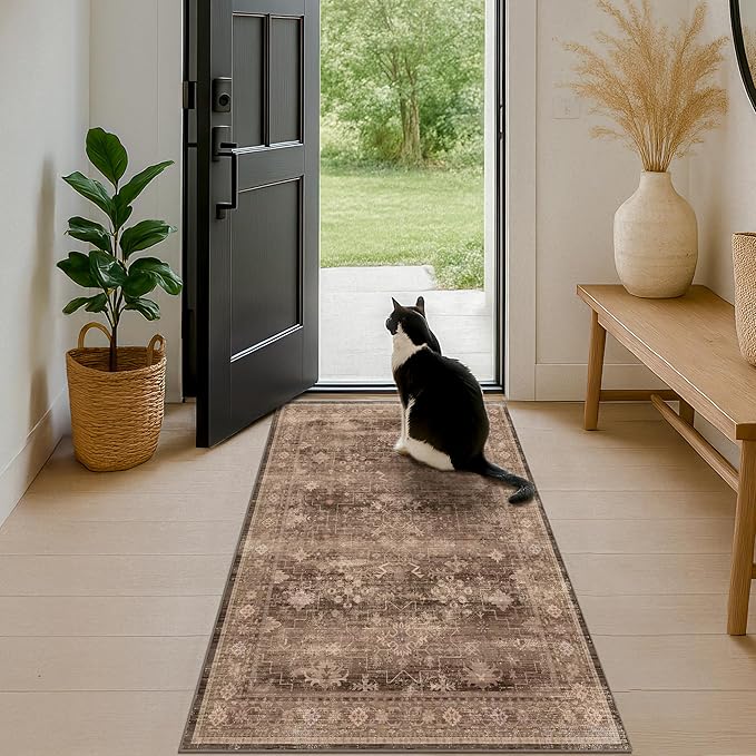 Boho Taupe Brown 3x5 Large Entryway Rug - Modern Vintage Traditional Eclectic Oriental Neutral, Washable Low Pile Non-Slip Area Rugs for Door Mat Indoor Entrance, Kitchen, Laundry