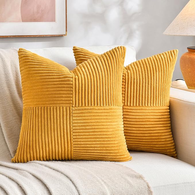 Fancy Homi 2 Packs Gold Yellow Samll Decorative Throw Pillow Covers 14x14 Inch with for Couch Bed Sofa, Farmhouse Boho Spring Home Decor, Soft Corss Patchwork Corduroy Square Cushion Case 35x35 cm