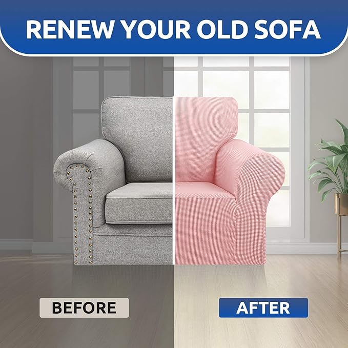 KEKUOU Stretch Single Sofa Slipcover 1 Piece Couch Sofa Cover (31"-55") Furniture Protector 1 Seater Sofa with Elastic Bottom for Kids,Pet.Jacquard Small Checked Pattern Fabric(Small,Dusty Pink)
