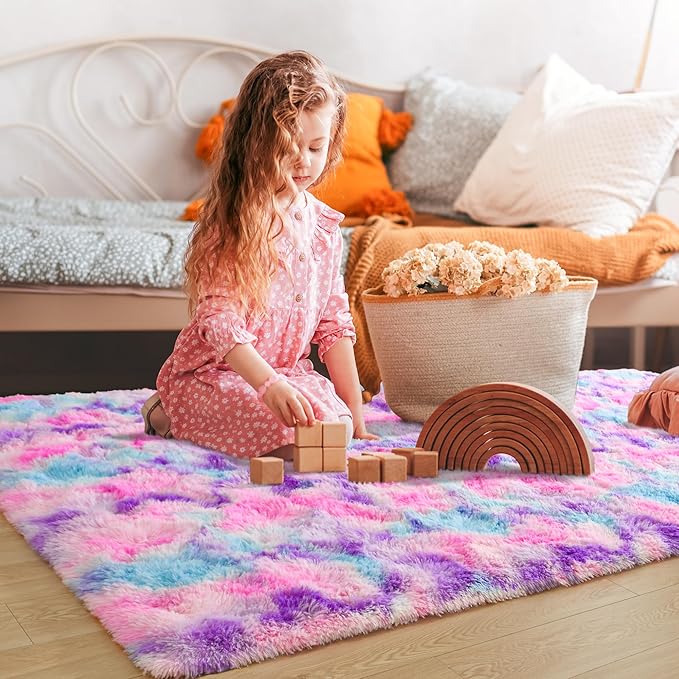 Tepook Soft Rainbow Rug for Girls Room, Cute Fluffy Girls Bedroom Rugs, 4x6 Feet Shaggy Princess Rug Colorful Carpet for Kids Teens Toddler Playroom Nursery Reading Nook, Hot Pink