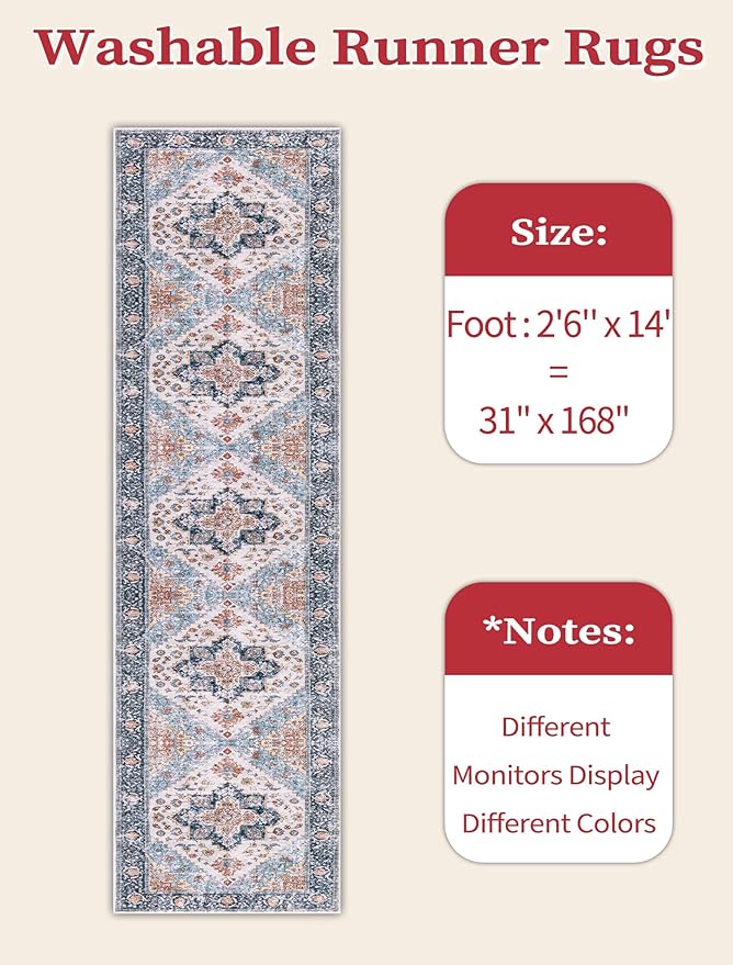 SERISSA Runner Rug for Hallways, 2'6"x14' Washable Non Slip Kitchen Runner Rug, Extra Long Boho Rug Ultra Soft Vintage Blue Orange Floor Carpet for Bedroom Hallway Entryway Bathroom Laundry Room