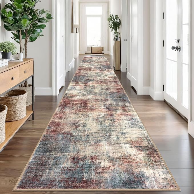 IOHOUZE Abstract Runner Rug 3x18 Ft Washable Runners for Hallways, Non Slip Kitchen Runner Printed Faux Wool Entryway Runner Indoor, Modern Abstract Floor Carpet for Hall Stair, Red/Multi