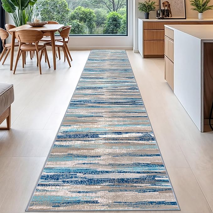 Lansny Modern Abstract Runner Rug 2.6x16, Blue Washable Long Kitchen Runner Non-Slip Soft Hallway Rug Runner Thin Print Faux Wool Carpet for Entryway Bedroom Laundry Room Indoor Home Decor