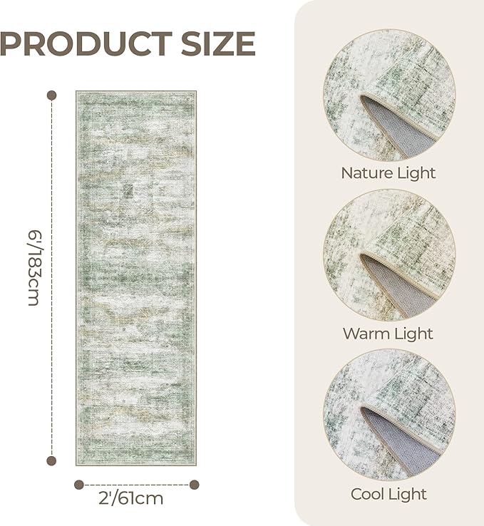 Washable Runner Rugs for Bedroom - 2x6 Runner Rug Non Slip, Ultra-Thin Entryway Runner, Soft Abstract Kitchen Runner for Hallway, Laundry, Indoor Door Mat(2'x6', Green/Yellow/Ivory)