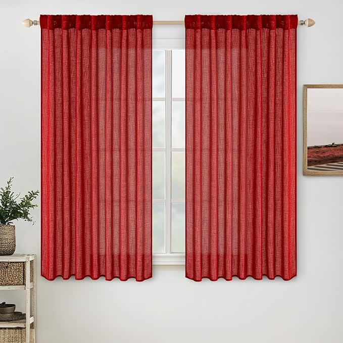 MIULEE Red Linen Short Curtains 63 Inch Length 2 Panels for Kitchen Bedroom, Christmas Soft Thick Linen Textured Window Drapes Living Room Semi Sheer Light Filtering Back Tab Burlap Look Decor