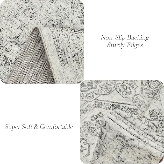 Soalmost 6x9 Area Rug for Living Room Floral Washable Non-Slip Gray Rugs for Bedroom Dinning Room Ultra-Thin Indoor Grey Rug