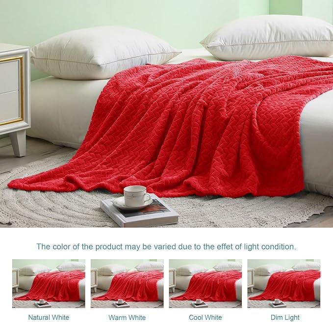 Exclusivo Mezcla Fleece King Size Blanket for Bed, 90x104 Inches Soft Cozy Jacquard Flannel Blankets, Lightweight Fuzzy Plush Warm for Women, Red